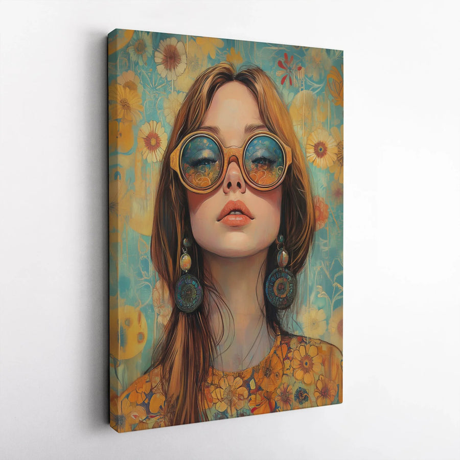 Boho Floral Woman Canvas Wall Art | Retro Hippie Aesthetic Portrait | Premium Fade-Resistant Gallery Print | Gift for Home Office Decor