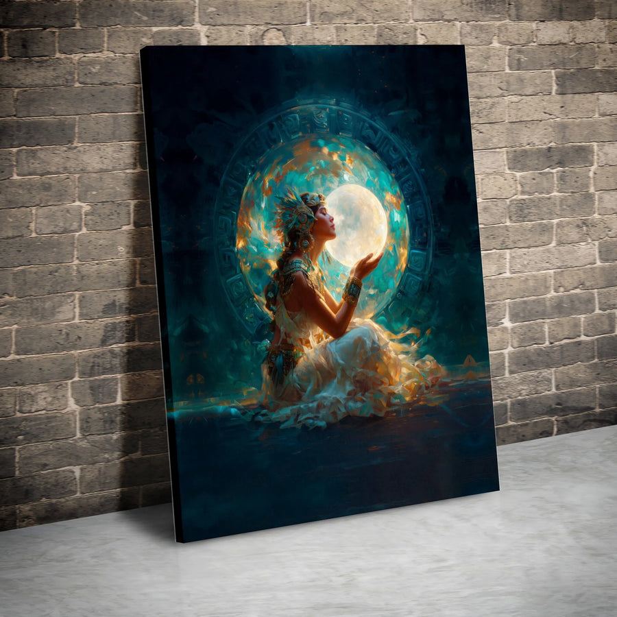 Aztec Moon Goddess Canvas Wall Art | Celestial Mayan Deity Print | 1.25-Inch Gallery Wrap | Mystical Home Decor for Spiritual Spaces