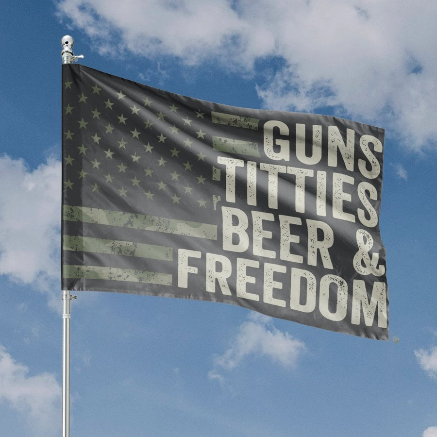 Guns, Titties, Beer & Freedom Flag | Tactical Camo 2nd Amendment Decor | Weather-Resistant Polyester | Man Cave & Outdoor Garden Gift