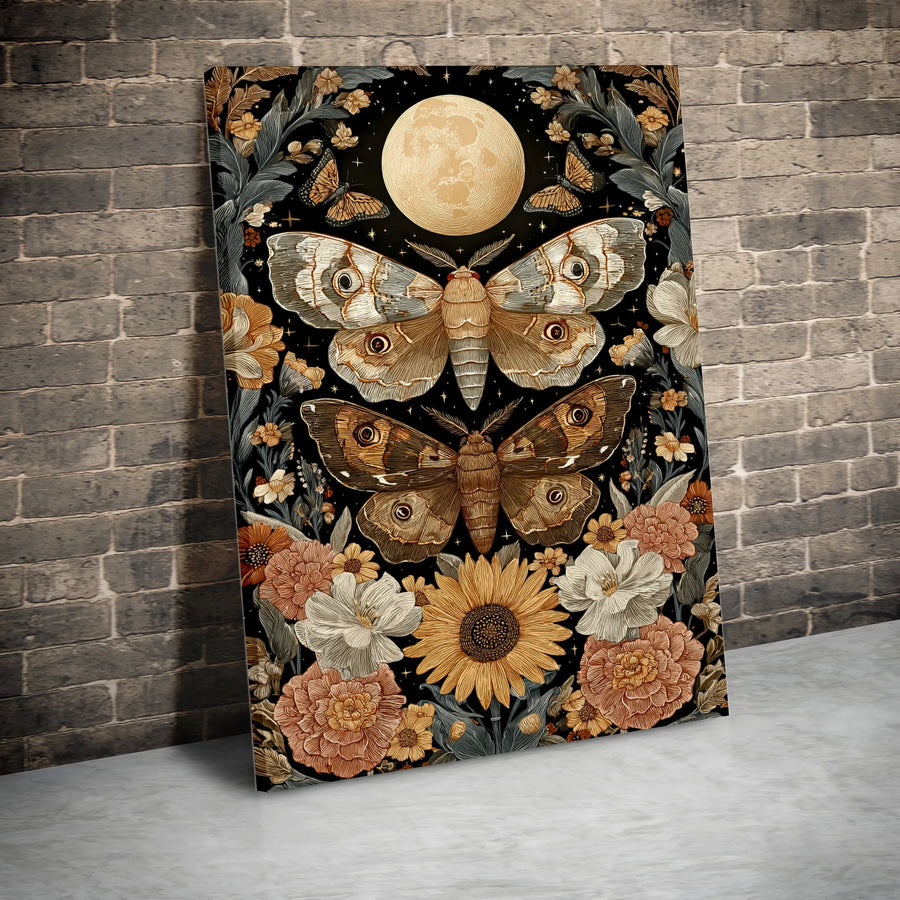 Celestial Moth Wall Art | Botanical Moon And Butterfly Print | Premium 1.25 Inch Thick Gallery Canvas | Witchy Cottagecore Home Decor Gift