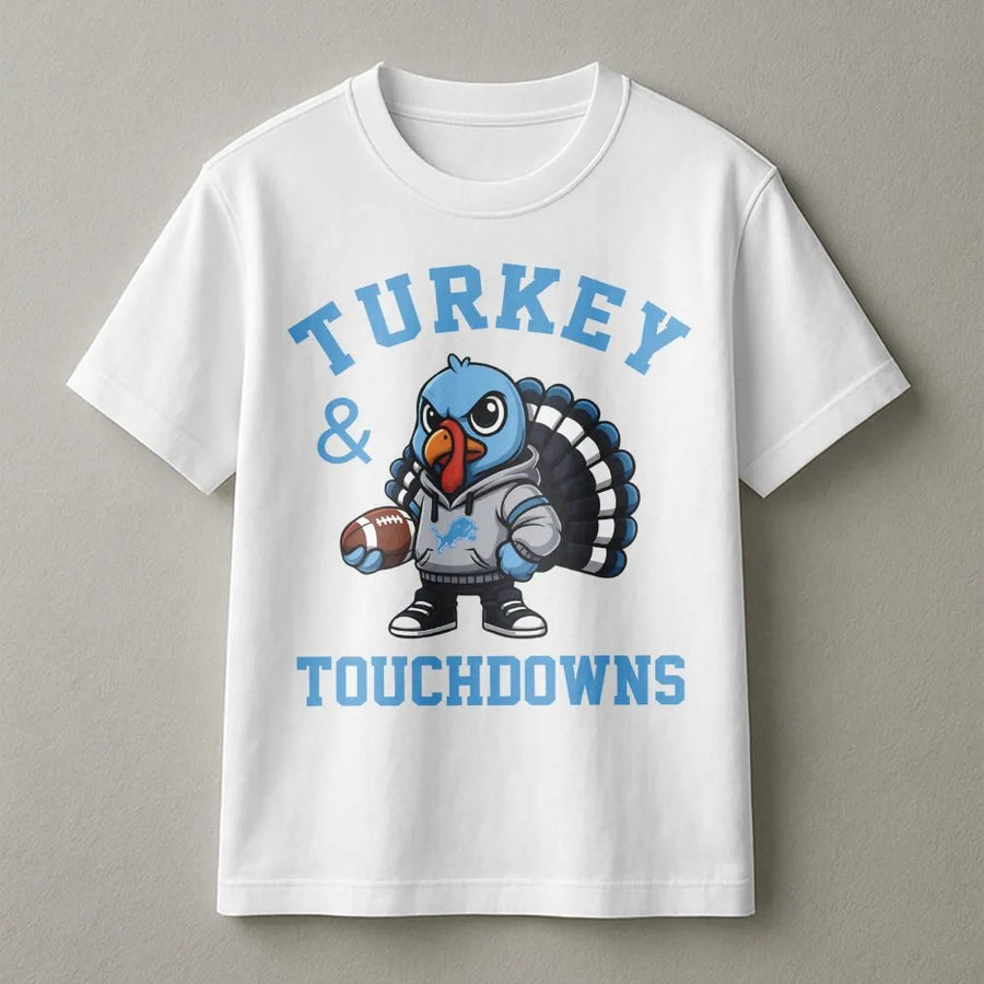 Turkey & Touchdowns T-Shirt _ Detroit Football Thanksgiving T-Shirt _ Lions Fan Turkey T-Shirt _ Game Day Fall Football T-Shirt