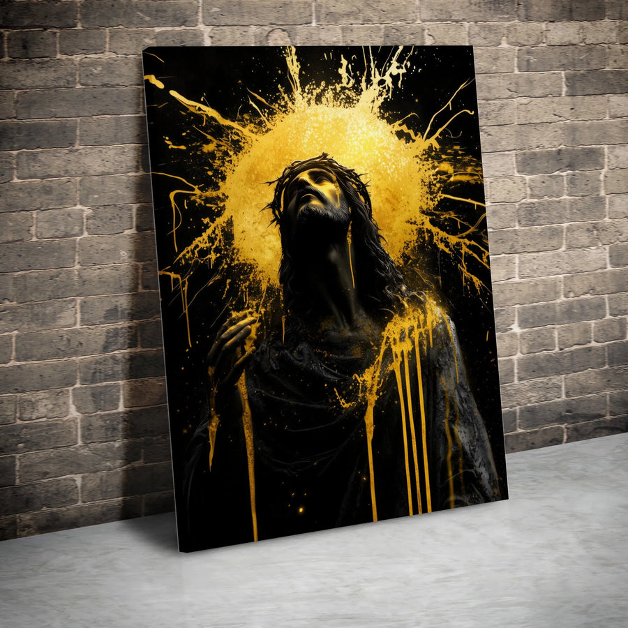 Jesus Christ Wall Art Canvas | Abstract Gold Splatter Crown of Thorns | Premium Thick Gallery Wrap | Inspirational Christian Home Decor Gift