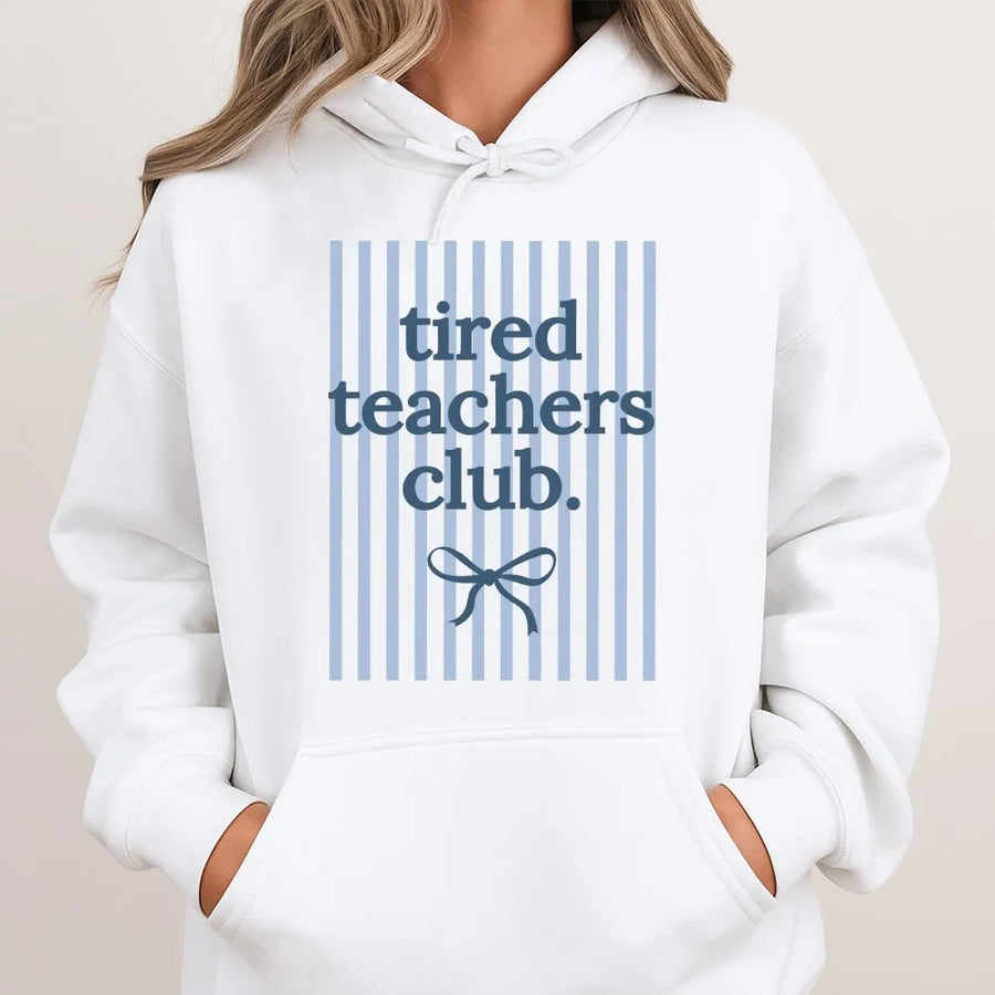 Tired Teachers Club Hoodie | Preppy Striped Design | Soft Cotton Blend Pullover | Funny Teacher Appreciation Gift for Educator