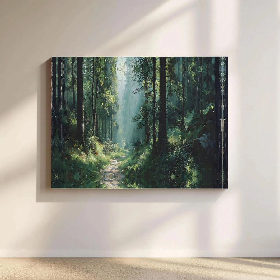 Forest Path Canvas Wall Art | Sunlight Through Trees Landscape Painting | Premium Gallery Wrapped Canvas | Nature Lover Gift for Living Room Decor