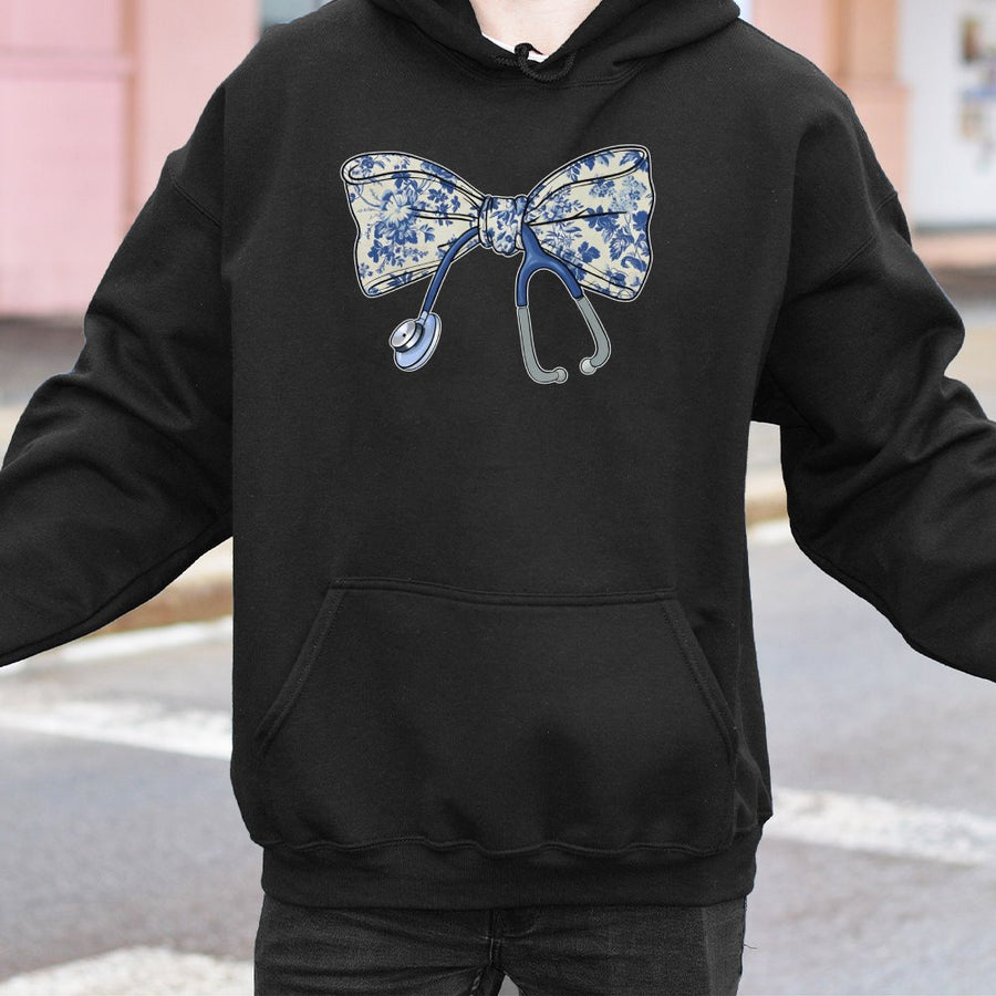 Nurse Stethoscope Bow Hoodie | Floral Medical Illustration | Premium Cotton-Blend Pullover | Perfect RN Gift for Women and Healthcare Workers
