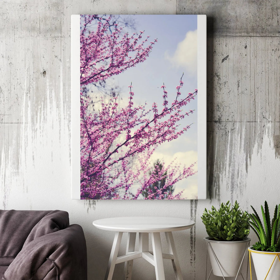 Redbud Tree Vertical Canvas Print | Vintage Spring Blossom Photography | Premium 1.25" Thick Gallery Wrap | Botanical Wall Art Gift for Modern Home Decor