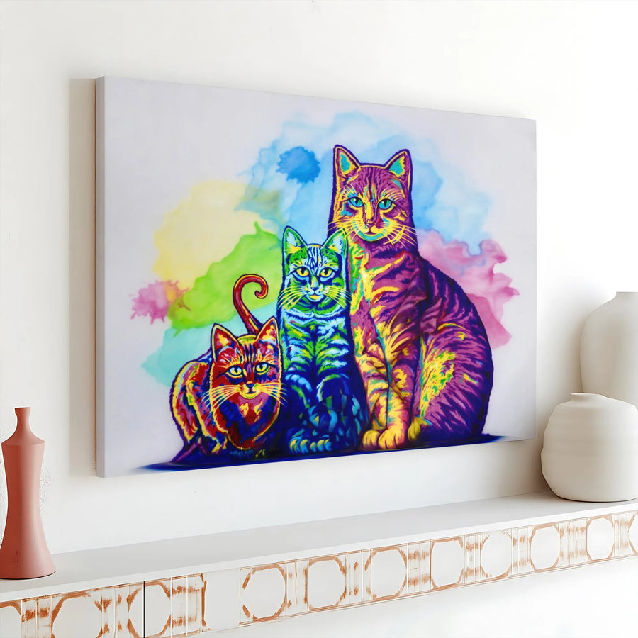 Colorful Cat Canvas Wall Art | Vibrant Pop Art Kitty Trio Painting | Premium Gallery Wrap 1.25" Thick | Modern Home Decor Gift for Cat Lover