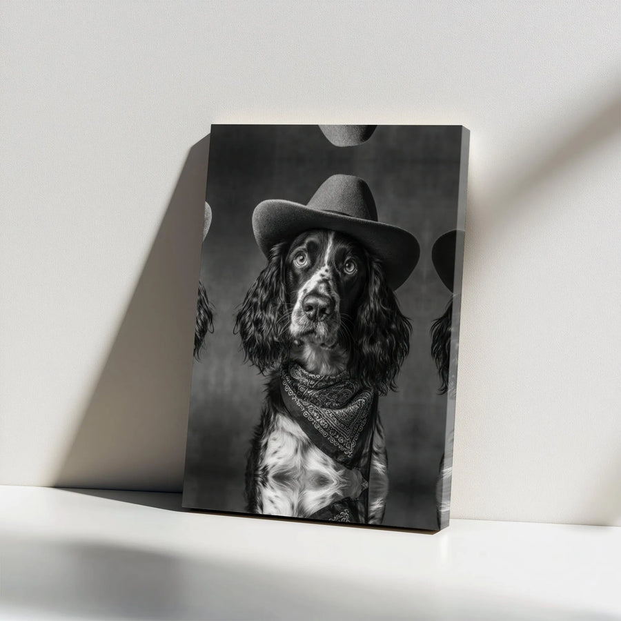 Cowboy Dog Canvas Wall Art | Black and White Western Pet Portrait | Premium Thick Gallery Wrap | Unique Gift for Dog Lover