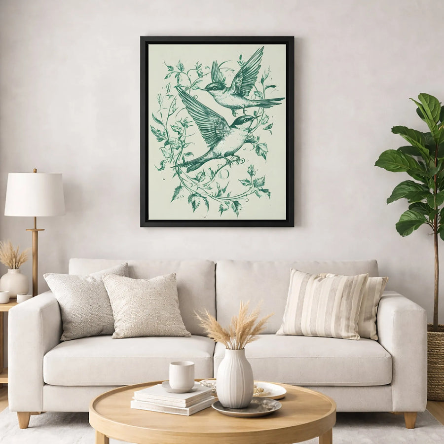 Flying Bird Wall Art | Botanical Linocut Style Illustration | Premium Gallery Wrapped Canvas | Nature Lover Home Decor Gift