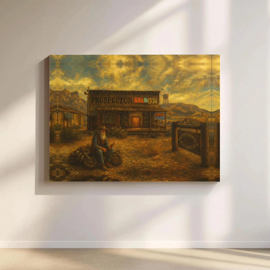 Western Saloon Wall Art | Prospector Biker Oil Painting Style | Premium 1.25-Inch Gallery Canvas | Vintage Cowboy Home Decor Gift