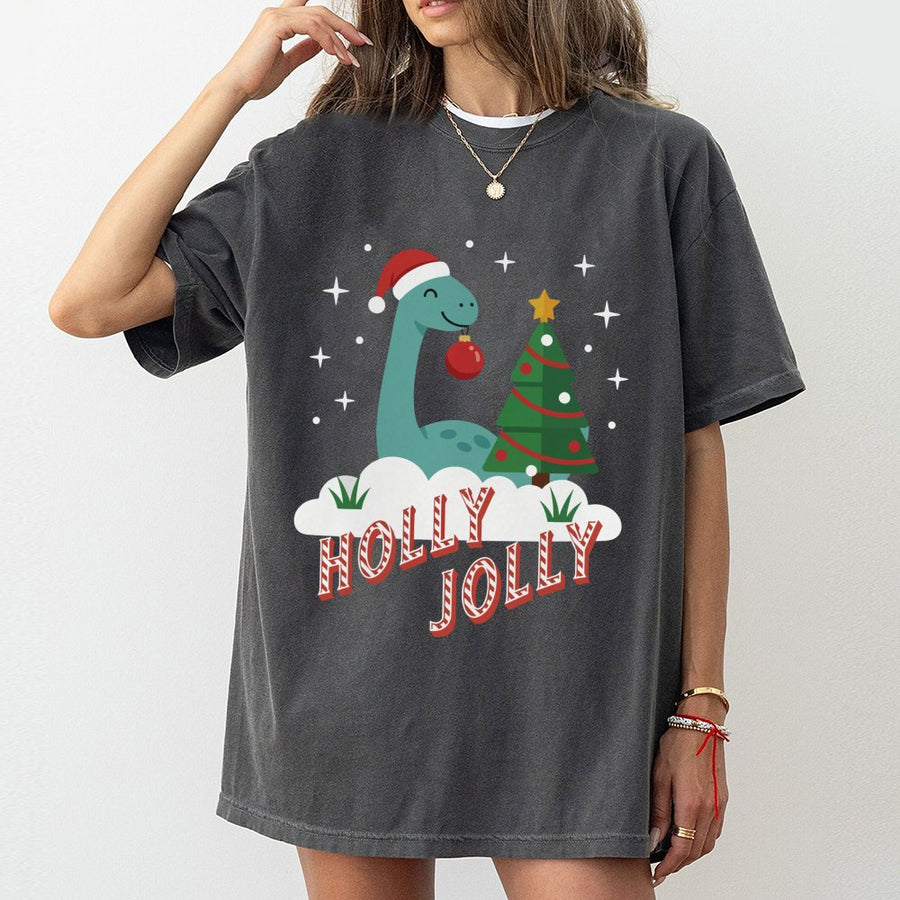 Holly Jolly Dinosaur Christmas T-Shirt | Cute Festive Dino Holiday Graphic Tee | Premium 100% Cotton | Unisex Gift for Family Matching Vacation