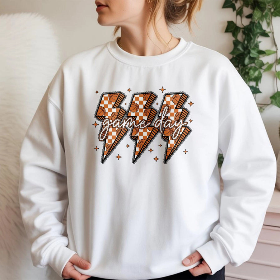 Game Day Basketball Sweatshirt | Retro Checkerboard Lightning Bolt Design | Premium Cotton Blend | Sports Fan Gift for Men and Women