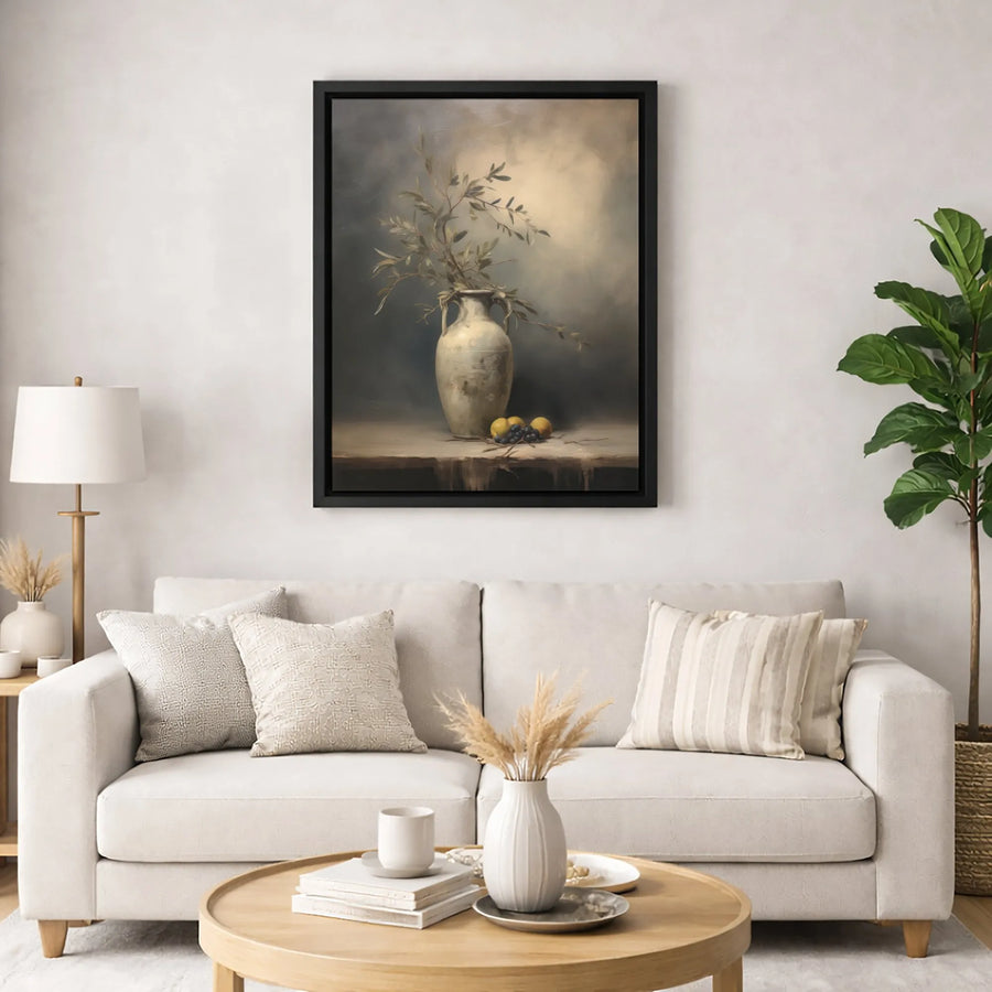 Classical Still Life Canvas Art | Antique Vase With Fruit Oil Painting Style | 1.25-Inch Gallery Wrap | Premium Neutral Home Decor Wall Print