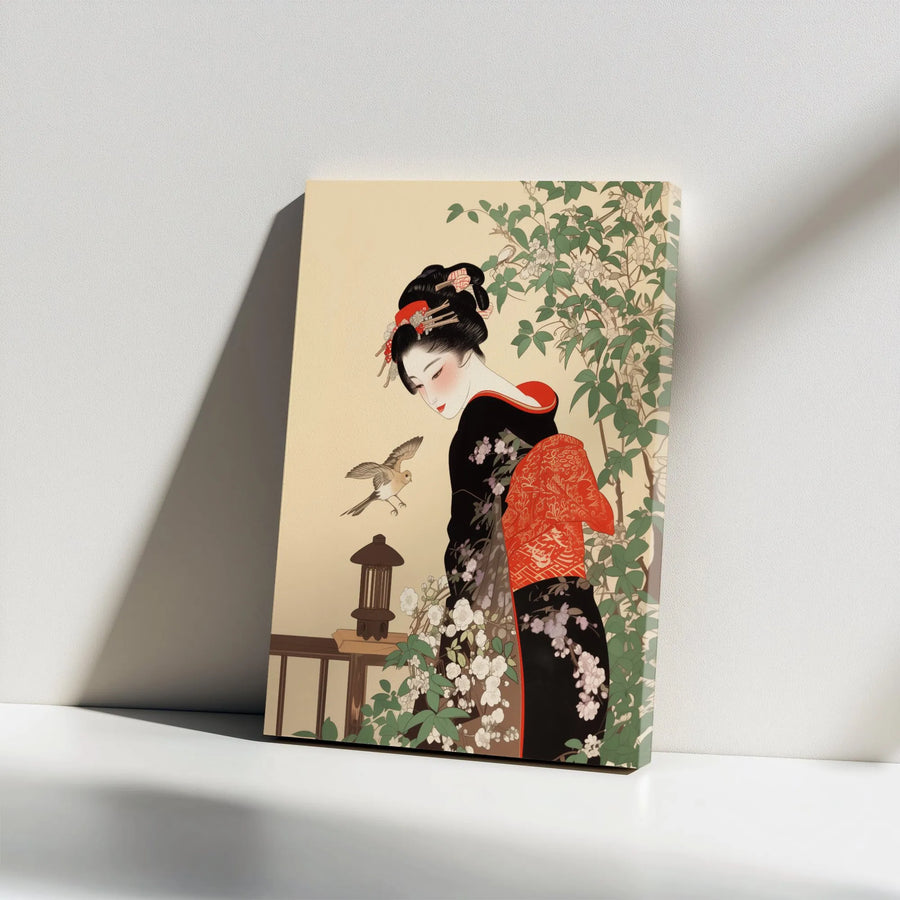 Japanese Geisha Wall Art | Ukiyo-e Inspired Floral Illustration | Premium Gallery Wrap Canvas | Aesthetic Home Decor Gift
