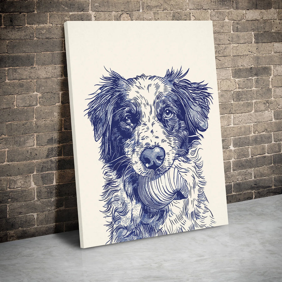 Border Collie Canvas Wall Art | Blue Ink Sketch Portrait with Tennis Ball | Premium Gallery Wrap Decor | Dog Lover Home Decor Gift