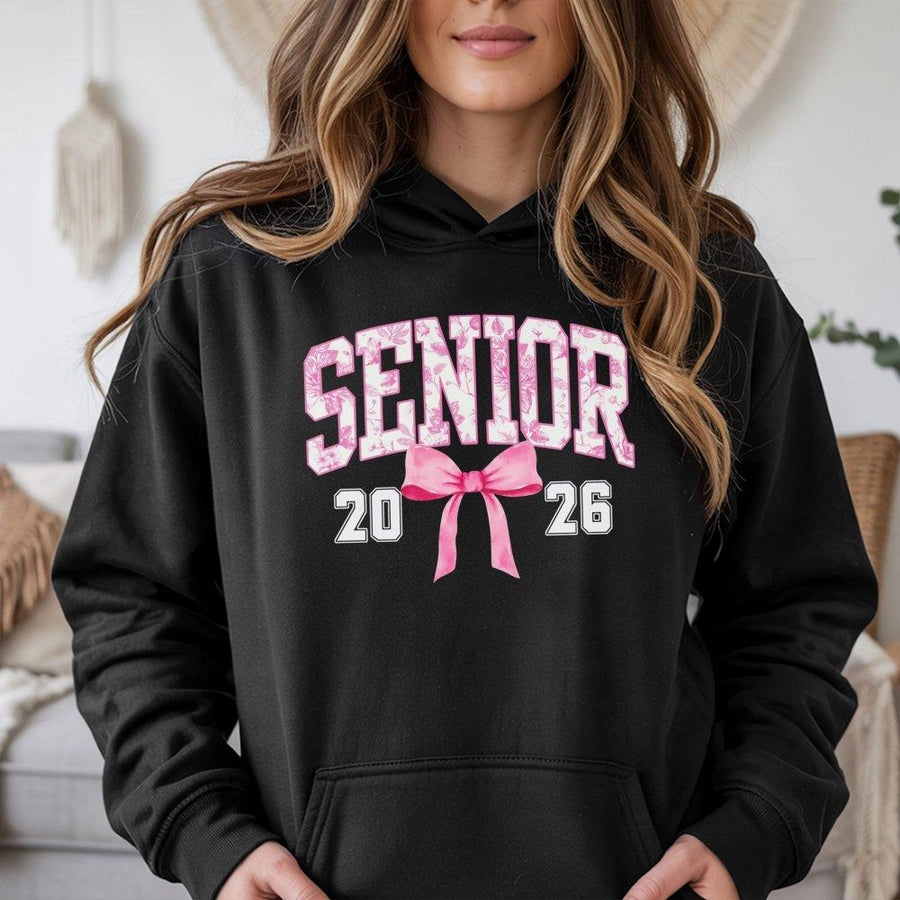 Senior 2026 Hoodie | Coquette Bow Pink Toile Graphic Design | Premium Cotton Blend | Graduation Gift for High School and College Students