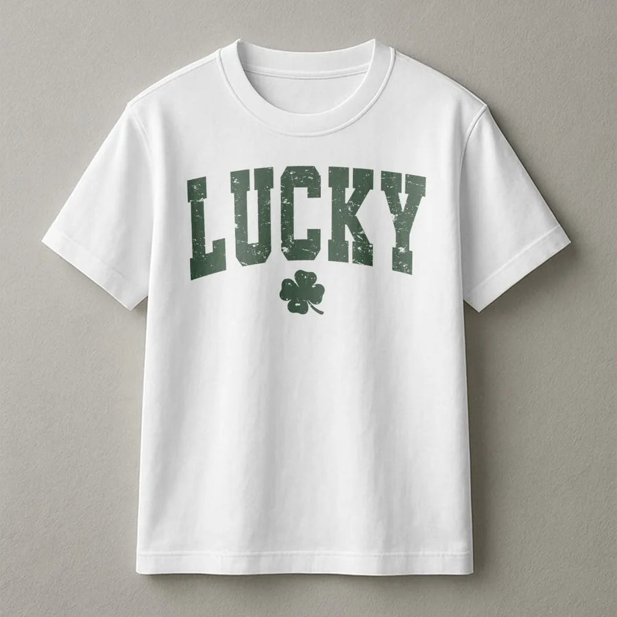 Lucky Shamrock T-Shirt | Distressed Vintage Varsity Font | Soft 100% Cotton Premium Tee | St Patricks Day Outfit Gift for Women and Men