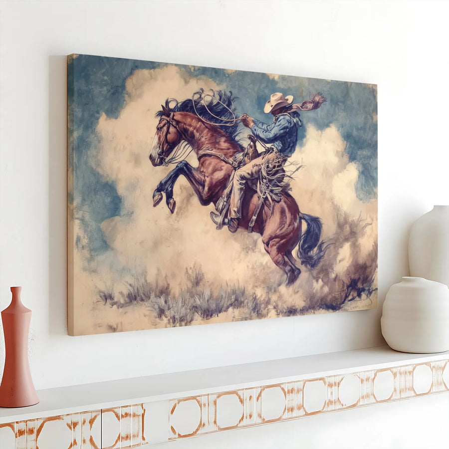 Western Cowboy Painting Canvas | Bucking Bronco Rodeo Art | Premium Gallery Wrapped Wall Decor | Rustic Farmhouse Gift for Him