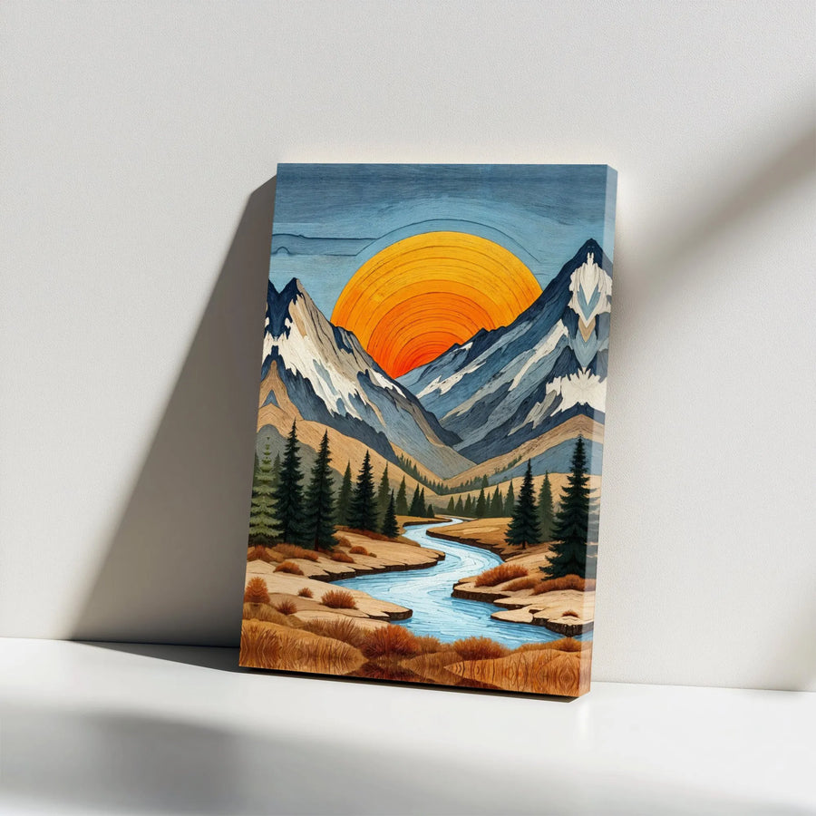 Mountain Sunset Canvas Print | Modern Woodcut Style River Valley Art | Premium Gallery Canvas | Rustic Cabin Wall Decor Gift