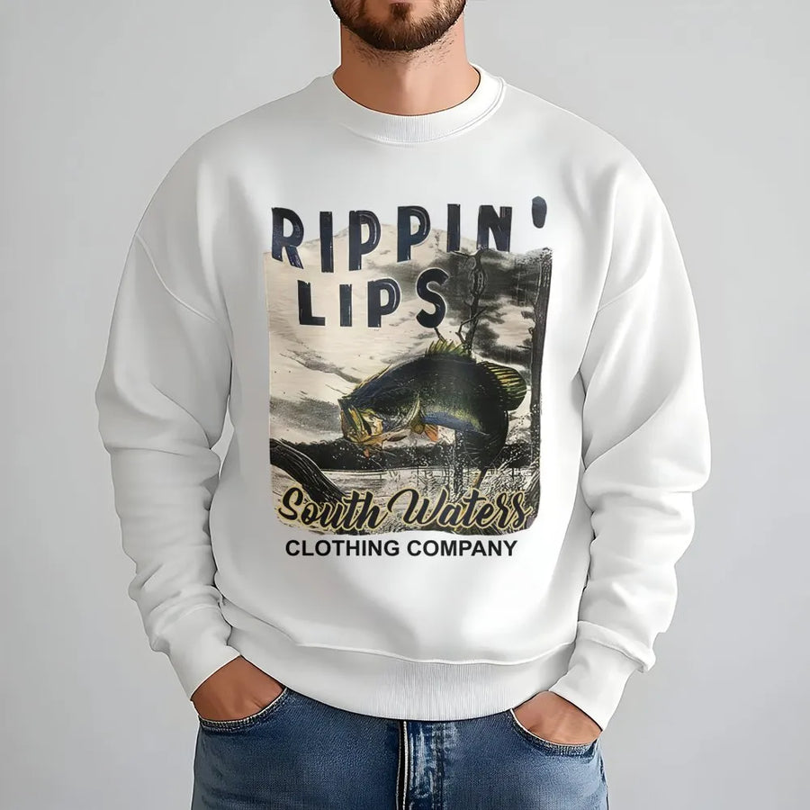 Rippin' Lips Fishing Sweatshirt | Bass Fish Graphic Print | Premium Soft Cotton Blend | Gift for Anglers and Fisherman