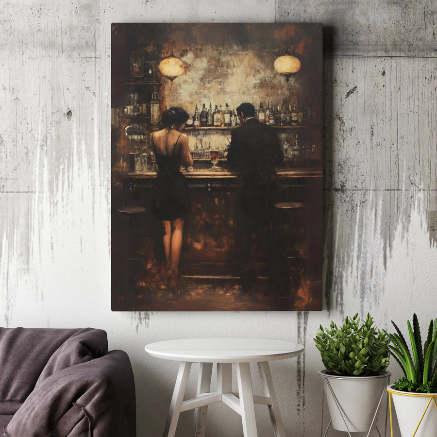 Couple At The Bar Canvas Art | Moody Impressionist Oil Painting Style | 1.25 Inch Gallery Wrap Premium Print | Romantic Home Decor Gift