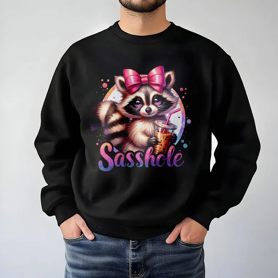 Sasshole Raccoon Sweatshirt | Funny Cute Animal with Boba Tea Graphic | Soft Breathable Cotton | Unisex Novelty Gift for Him and Her