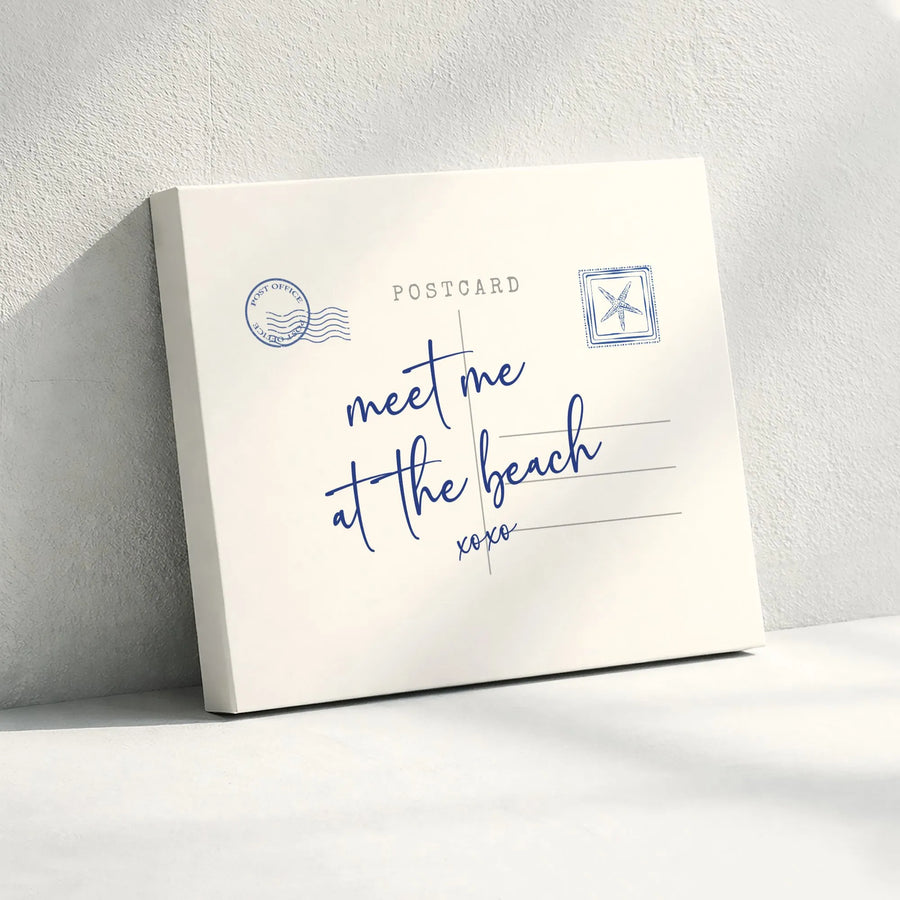 Meet Me at The Beach Canvas Wall Art | Vintage Postcard Script Design | Premium Gallery Wrapped Canvas | Coastal Home Decor Gift for Beach Lovers