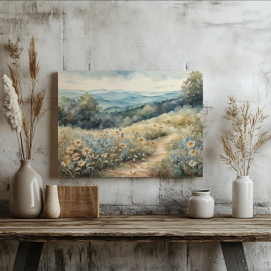 Watercolor Mountain Landscape Canvas | Wildflower Meadow Path Art | Premium Fade-Resistant Wall Decor | Serene Nature Print Gift For Home Office