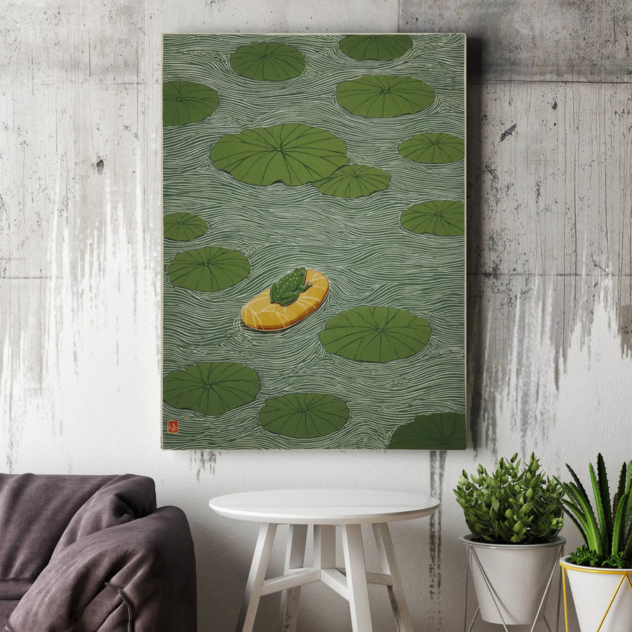 Japanese Frog Vertical Canvas | Ukiyo-e Style Frog on Lily Pad Art | Premium Gallery Canvas | Minimalist Zen Home Decor Gift