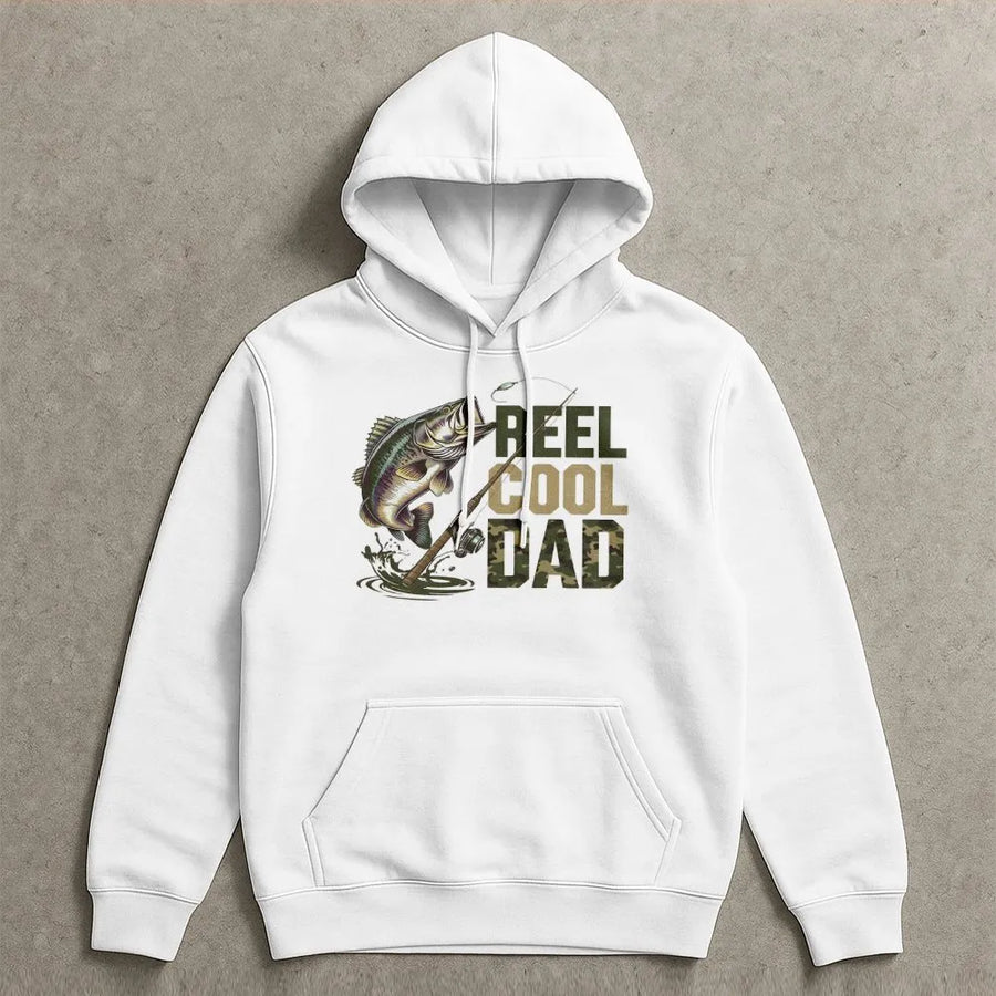 Reel Cool Dad Fishing Hoodie | Bass Fishing Graphic with Camo Text | Premium Cotton Blend | Father's Day Gift for Fisherman