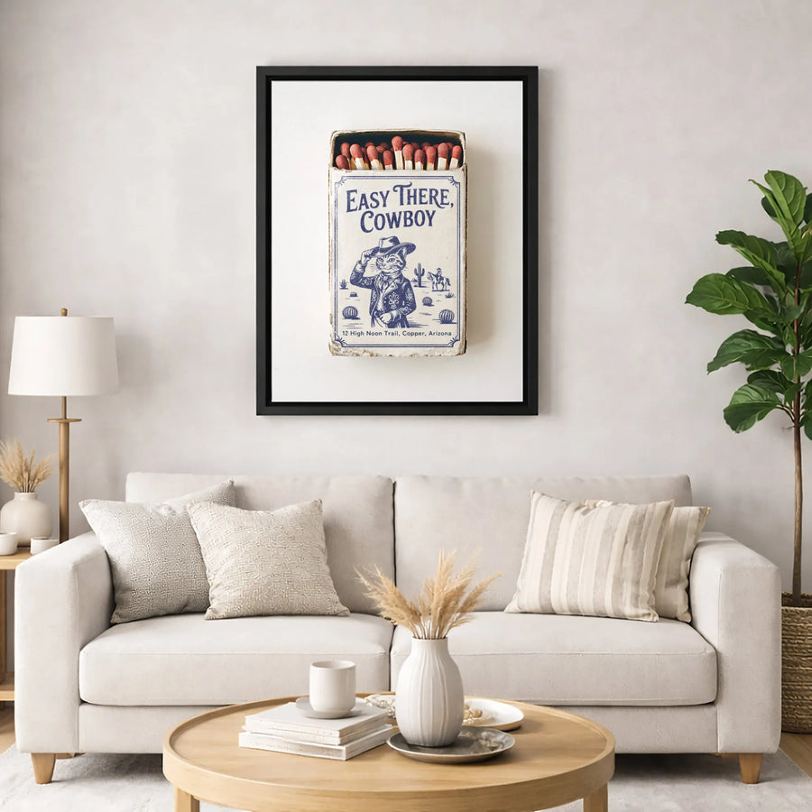 Easy There Cowboy Cat Canvas Art | Vintage Matchbox Design Western Wall Decor | Premium 1.25 Inch Gallery Wrap | Unique Gift for Cat Lovers