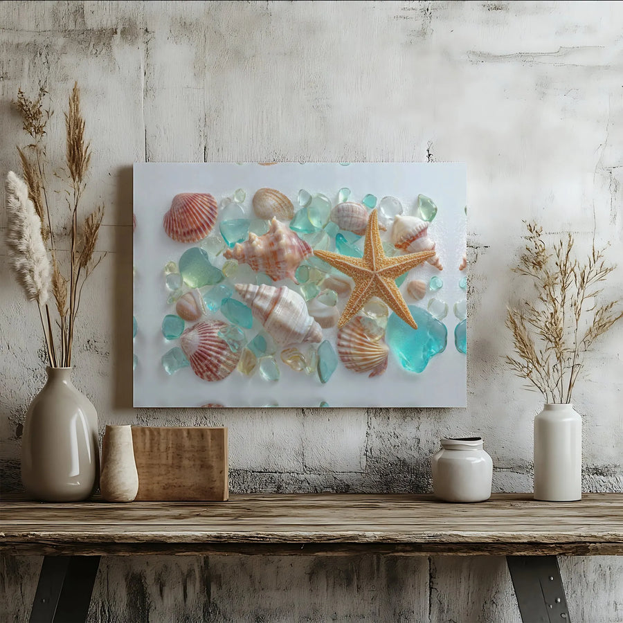 Seashell and Sea Glass Canvas Print | Realistic Coastal Still Life Art | Premium Gallery Wrapped Canvas | Beach House & Bathroom Decor