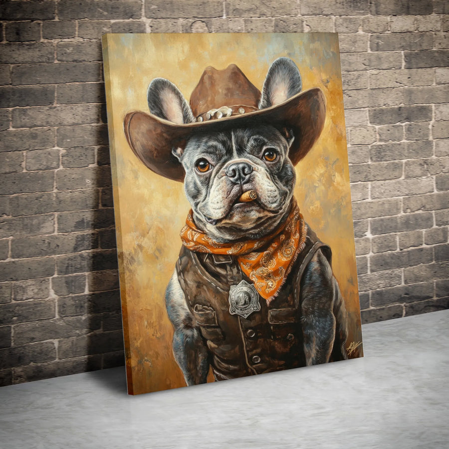 French Bulldog Canvas Art | Cowboy Sheriff Dog Portrait with Cigar | Premium Gallery-Wrapped Print | Western Home Decor Gift