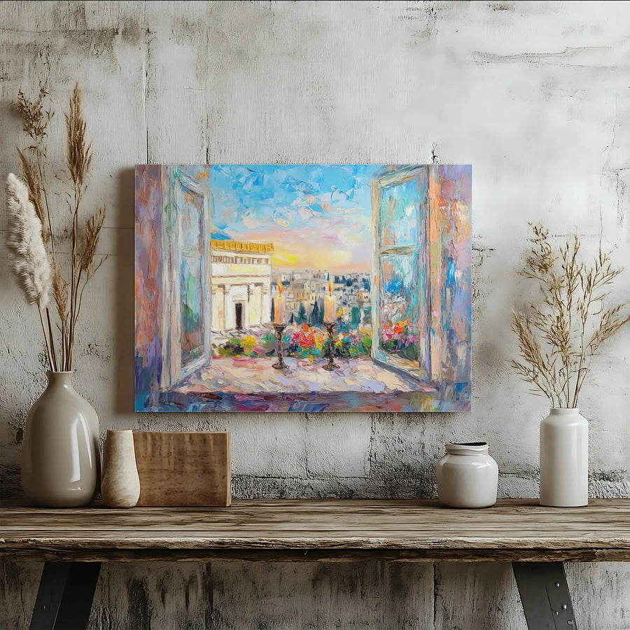 Jerusalem View Canvas Print | Impressionist Shabbat Candle Window Art | 1.25 Inch Gallery Wrap | Jewish Home Decor Gift