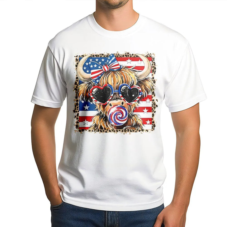 Highland Cow 4th of July T-Shirt | Leopard Print American Flag Graphic | Premium Cotton Blend | Patriotic Western Gift for Women