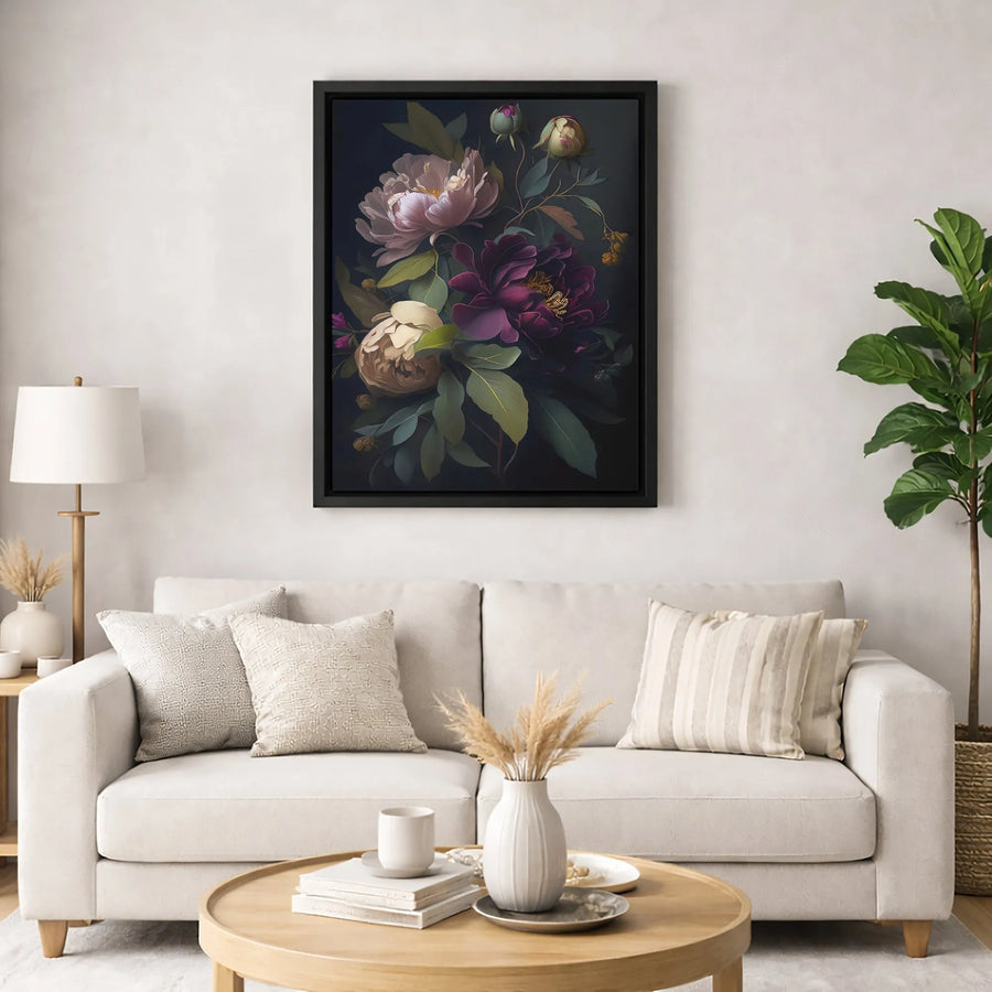 Moody Dark Floral Canvas Wall Art | Peony Bouquet Botanical Print | 1.25 Inch Gallery Wrap | Premium Home Decor Gift