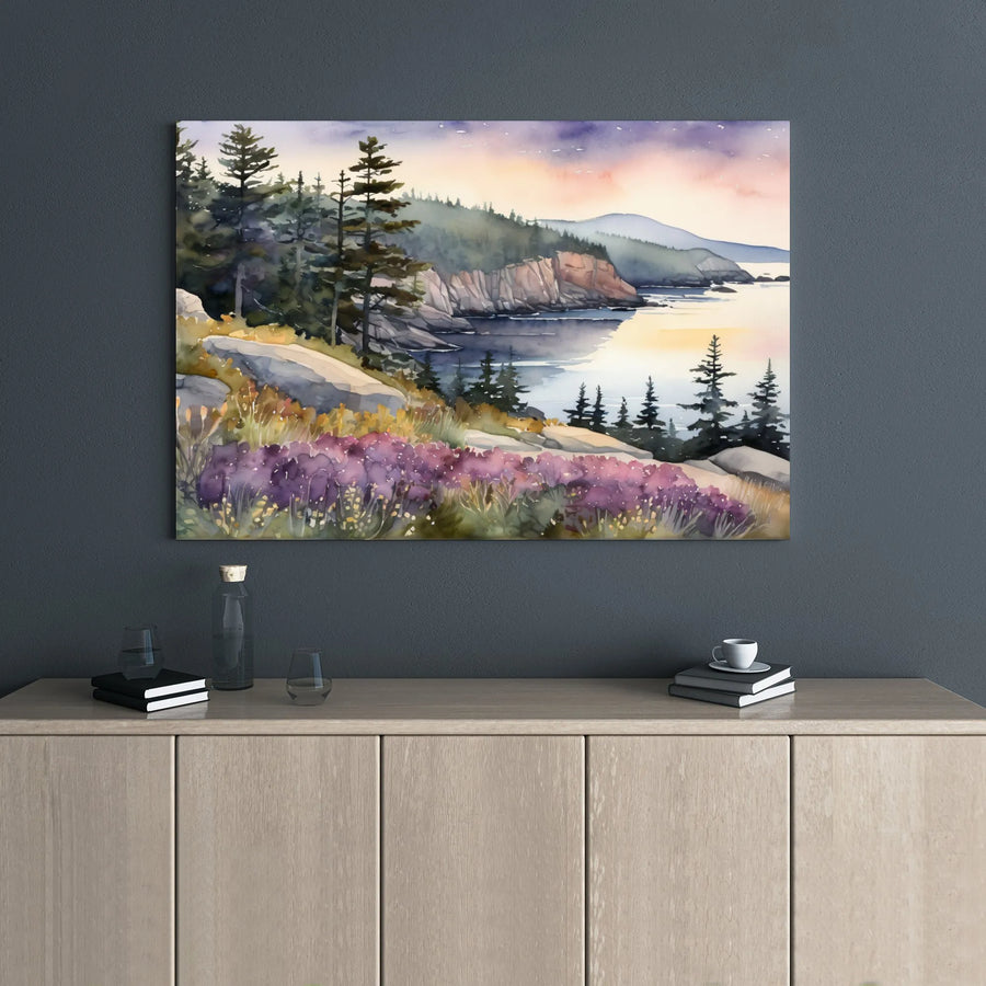 Coastal Landscape Canvas Art | Watercolor Pine Trees and Wildflowers | Premium 1.25 Inch Gallery Wrap | Serene Nature Wall Decor for Home