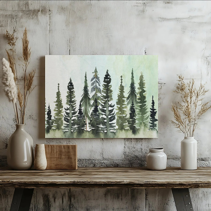 Watercolor Pine Forest Canvas Wall Art | Evergreen Tree Landscape Print | Premium Gallery Wrap Decor | Nature Lover Home Office Gift