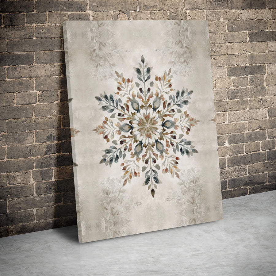 Botanical Mandala Wall Art | Watercolor Leaf Snowflake Design | Premium Gallery Wrapped Canvas | Earth Tone Home Decor Gift
