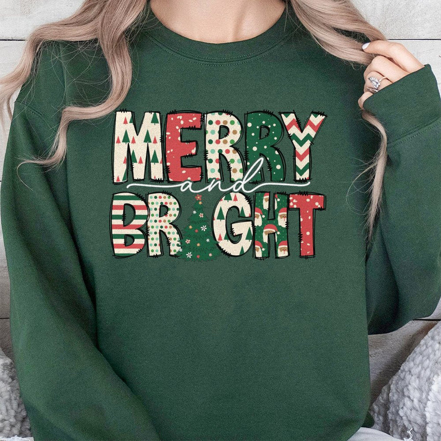 Merry and Bright Sweatshirt | Festive Holiday Tree Graphic | Premium Cotton Blend Comfort | Unisex Christmas Gift for Family and Friends