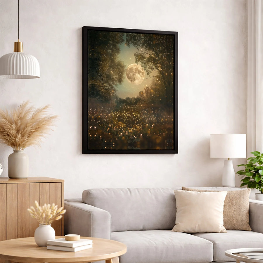 Enchanted Forest Canvas Wall Art | Full Moon & Firefly Night Scene | 1.25 Inch Premium Gallery Wrap | Whimsical Nature Decor for Living Room