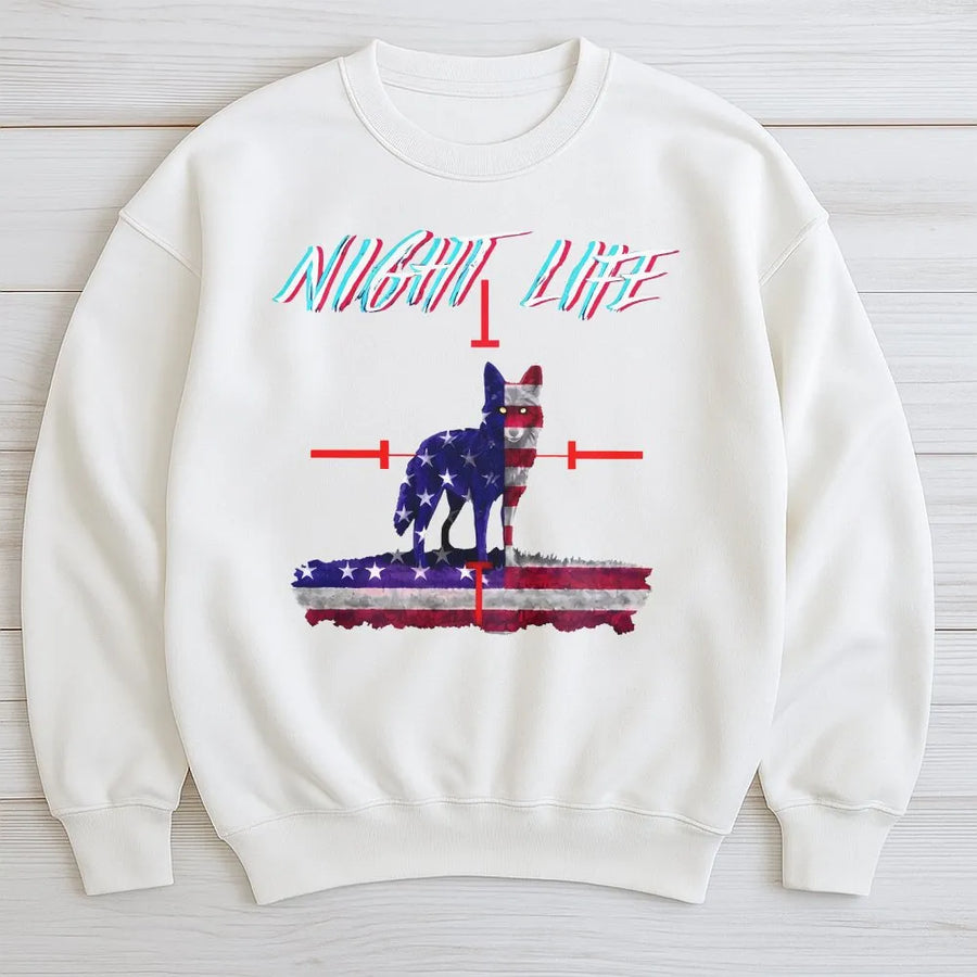 Coyote Hunting Sweatshirt | American Flag Predator Hunter Design | Cotton Blend Crewneck | Patriotic Gift for Hunters and Outdoorsmen