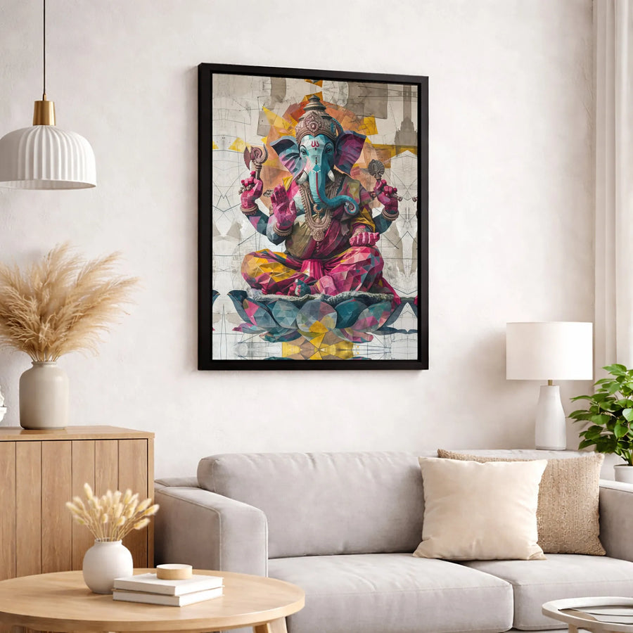 Lord Ganesha Canvas Wall Art | Geometric Lotus Flower Print | Premium Fade-Resistant Gallery Wrap | Modern Hindu Home Decor Gift