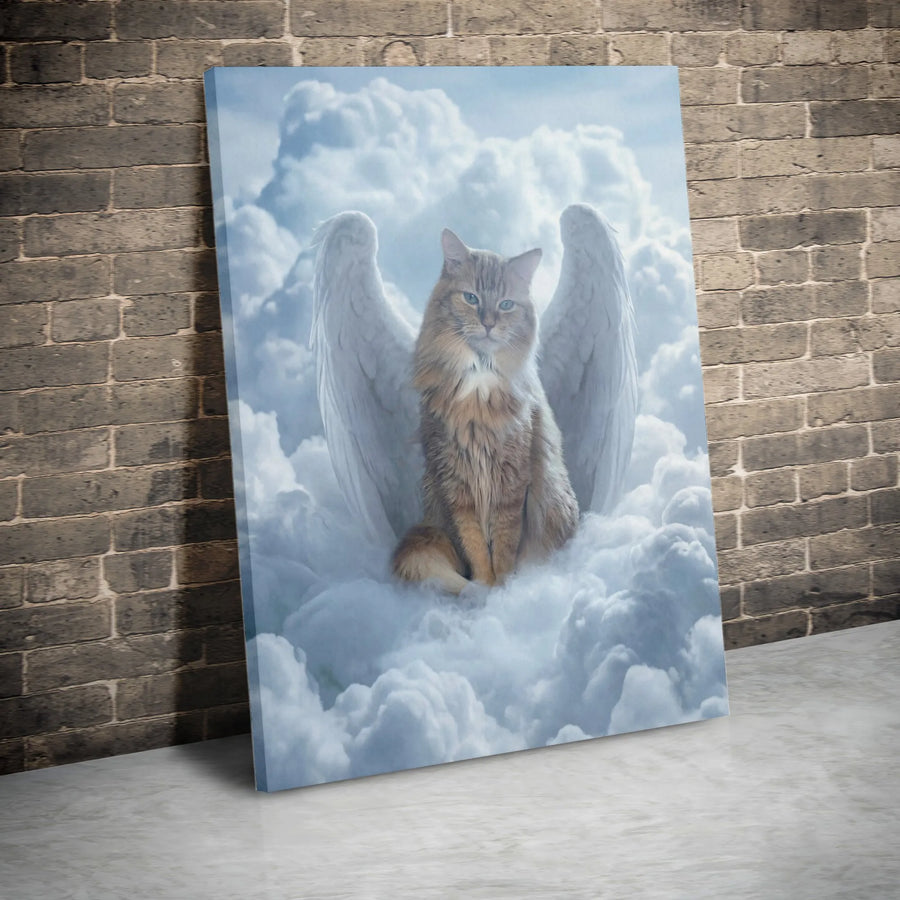 Angel Cat Canvas Wall Art | Cat with Wings in Clouds Portrait | Premium Gallery Wrapped Canvas | Pet Loss Sympathy Gift for Cat Lovers