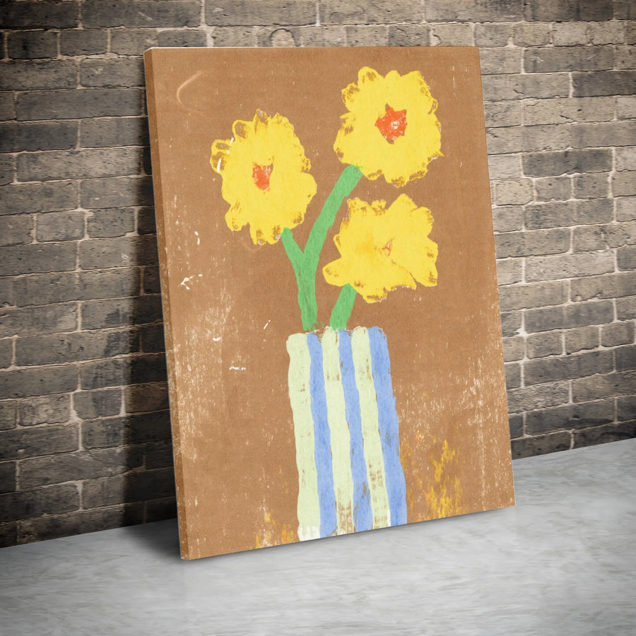 Sunflower Canvas Wall Art | Naive Style Folk Art Flower Painting in Striped Vase | Premium Gallery Wrapped Canvas | Modern Farmhouse Decor Gift