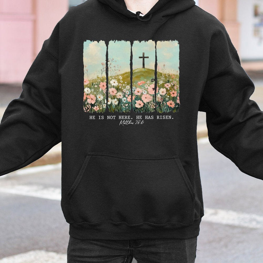 He Is Risen Hoodie | Matthew 28:6 Wildflower Cross Design | Premium Cotton-Blend Apparel | Christian Easter Gift for Women & Men