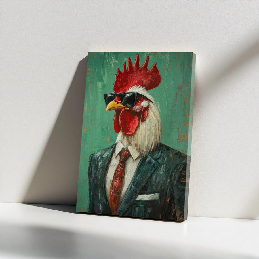 Rooster in Suit Painting | Funny Farmhouse Wall Art | Premium Gallery Wrap Canvas | Quirky Animal Portrait Decor for Office or Home Gift