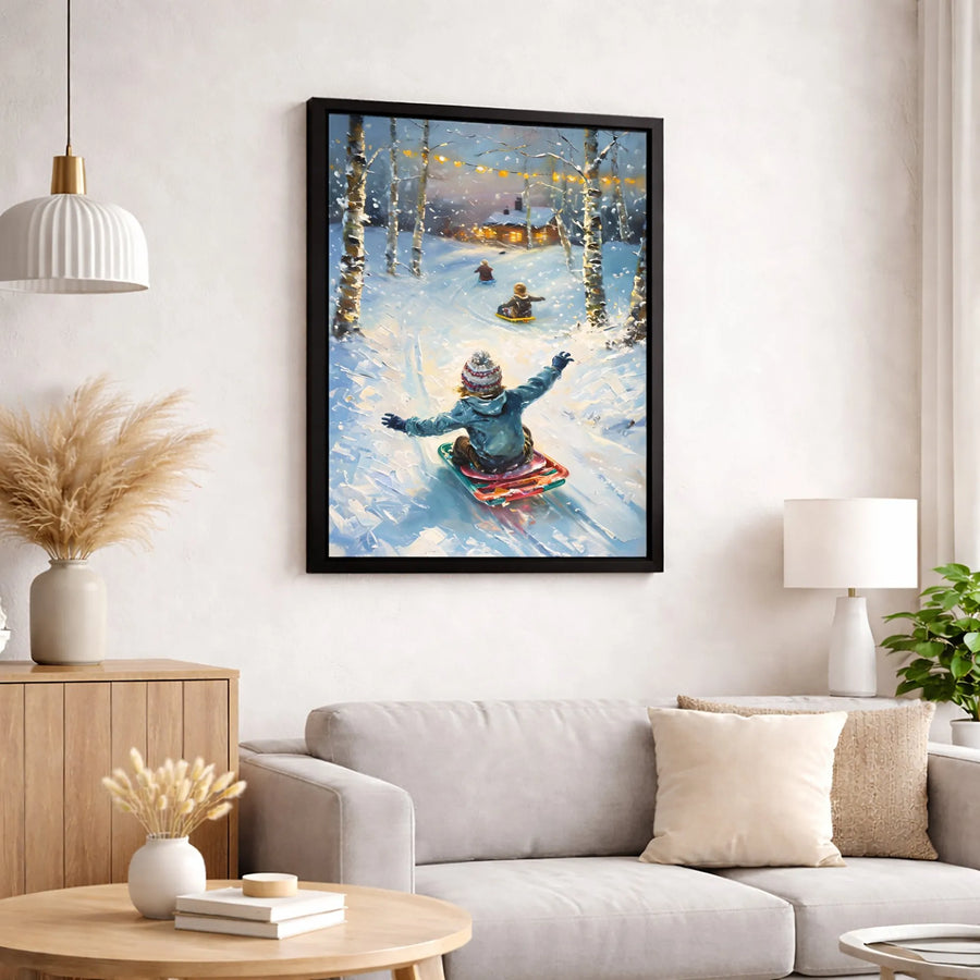 Winter Sledding Canvas Wall Art | Whimsical Snowy Forest Landscape with Cozy Cabin | Gallery-Wrapped Premium Print | Holiday Home Decor Gift