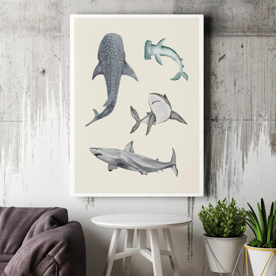 Watercolor Shark Wall Art | Whale Shark Hammerhead Great White Print | Gallery Quality 1.25-inch Canvas | Coastal Nautical Home Decor Gift
