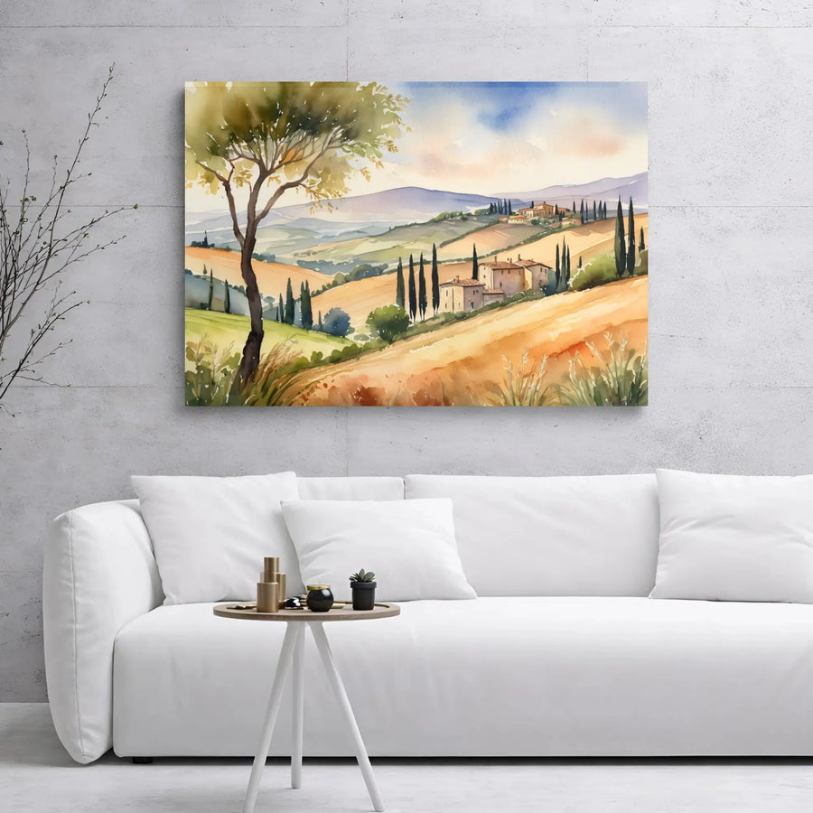 Tuscan Landscape Canvas Wall Art | Watercolor Italy Countryside Scene | Gallery Wrapped 1.25" Frame | Premium Home & Office Decor Gift